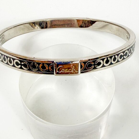 Coach Silver Tone Black Enamel Signature Logo Bangle Bracelet - Picture 1 of 5
